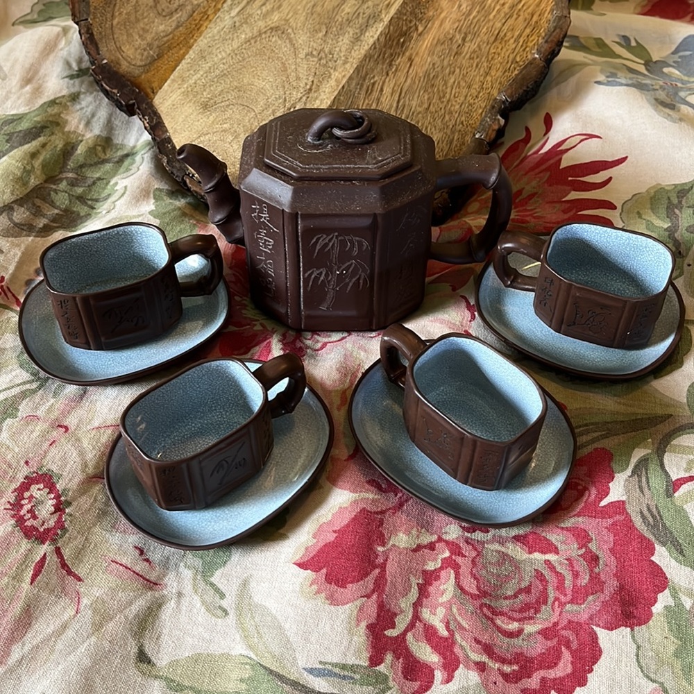 Vintage 70s JAPAN Ceramic Tea Pot + 4 Cups & Saucer Bamboo Etch Gardens GiftBox